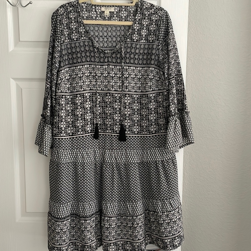 Style and Co., size large, black, and white dress very flirty with bell sleeves